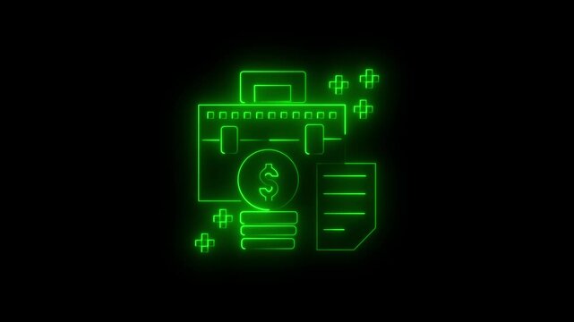 Glowing Green Neon Line Art Briefcase with Money Coin and Document Financial Business Growth Animation