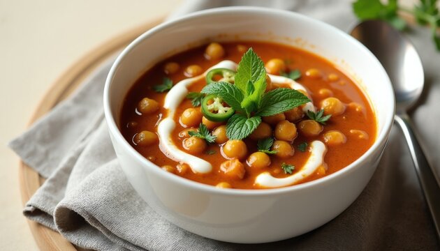Bowl of spicy chole masala served in white ceramic dish. Chickpea curry features rich red tomato sauce garnished with fresh mint leaves, creamy yogurt drizzle. Top view shows flavorful vegetarian