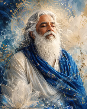 Guru purnima serene elderly guru portrait meditating with blue robes white lotus golden mandala and artistic hindu religious festival spiritual background devotional artwork