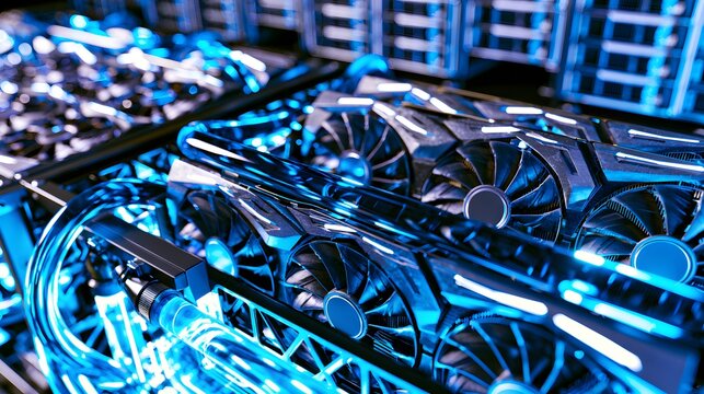 A close-up view of computer hardware with blue glowing lights
