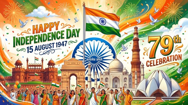 Indian Independence Day 79th celebration banner, national flag and monuments illustration, tricolor patriotic background for 15 August 1947