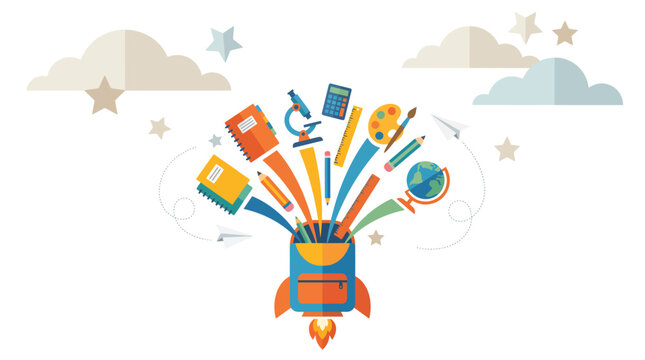 Colorful flat vector illustration featuring a school backpack launching into the air like a rocket