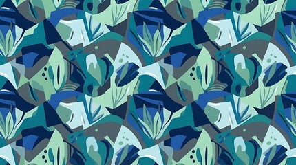 Seamless abstract botanical pattern in teal and navy blue tones