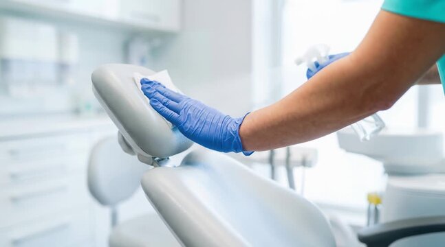 Hands are cleaning a dental chair at a clinic. A person uses a spray bottle and wipes the chair to ensure it is clean for the next patient. This is done before morning appointments