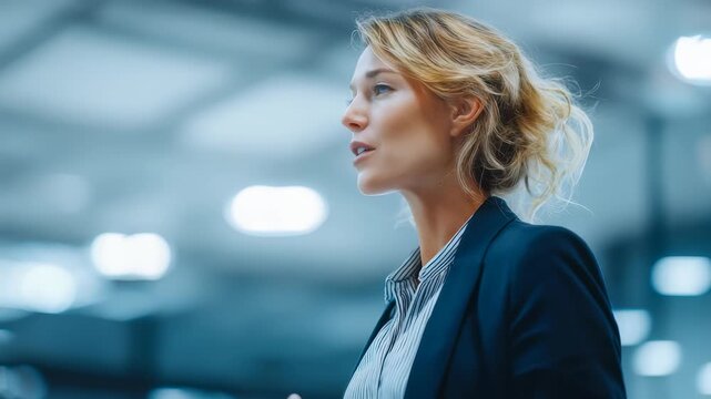A focused female executive addresses an audience during a corporate meeting, emphasizing key points with dynamic hand gestures. The contemporary workspace highlights innovation and teamwork