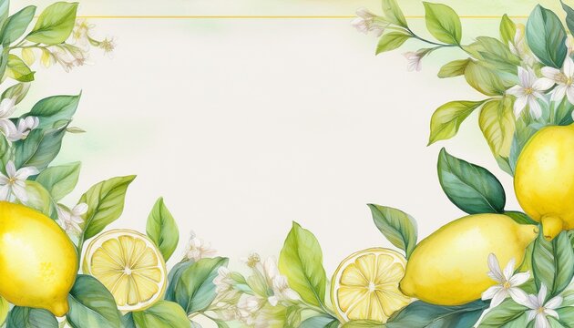 watercolor lemon and flower border frame with copy space
