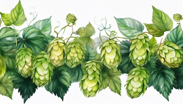 watercolor seamless border with hops plant green leaves and cones