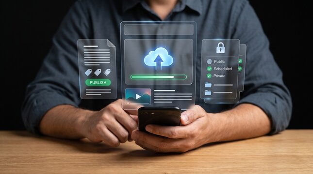 Person using mobile phone for cloud data synchronization and digital file management with synchronization management interface holographic connection transfer wireless information computing