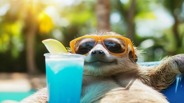 Cool sloth wearing sunglasses and sipping a blue cocktail while relaxing by the pool on a sunny summer day, embodying a funny concept of lazy vacation and chill vibes