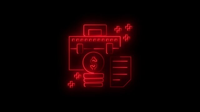 Glowing Red Neon Line Art Briefcase with Money Coin and Document Financial Business Growth Animation