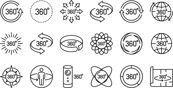 360 degree view panorama rotation icon set vector line illustration for virtual reality tour panoramic camera simulation UI design element