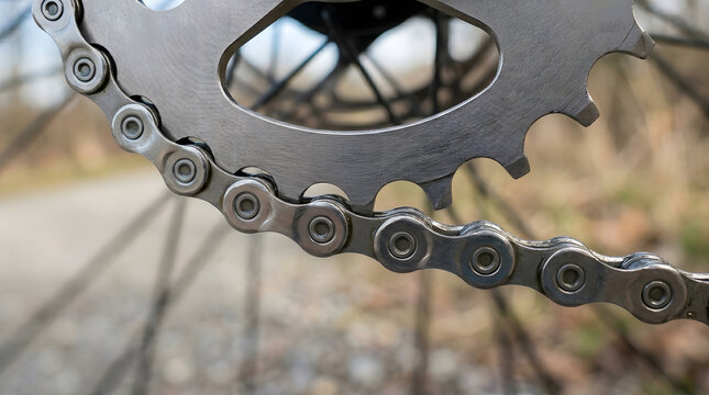 Bicycle chain and cassette cog detailed metallic close up with blurred background sprocket