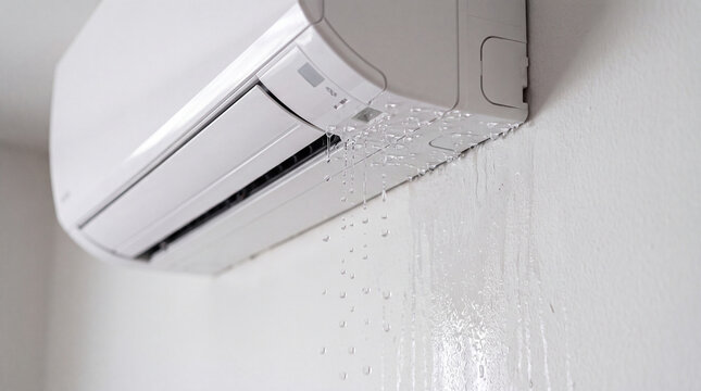 Close-Up of Leaking Air Conditioner Indoor Unit with Water Drops Dripping from White Wall HVAC System, Maintenance and Repair Concept