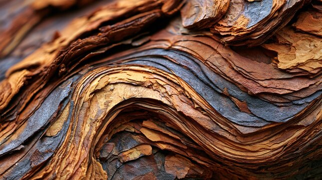 A top-down composition where bark fragments create elegant wave patterns moving diagonally across the frame