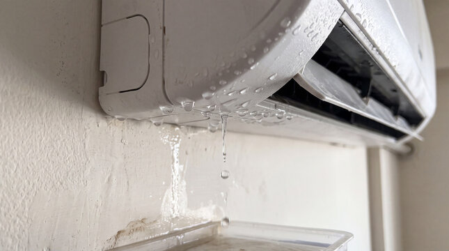 Water Dripping from Wall Mounted Air Conditioner in Close-Up View, HVAC Leak Problem and Home Repair Service Concept