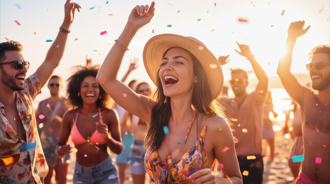 Excited friends dancing at beach party during sunset. Multiethnic group of young adults celebrating with confetti at summer music festival.