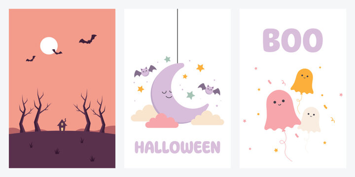 Cute halloween poster template set with ghost, moon and haunted house, kawaii cartoon vector collection for greeting card, nursery wall art and party decoration