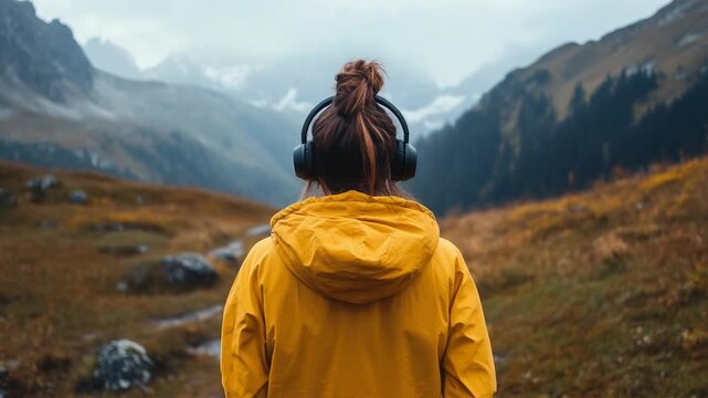 Woman with headphones in yellow jacket admiring majestic misty mountain landscape, enjoying solitude and freedom during a peaceful autumn hike through a vast valley