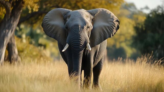 Majestic african elephant walking towards the camera in the golden savannah grass of a national park. Wild animal on a safari journey, showing its powerful tusks and trunk