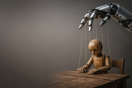 Robotic hand controls a wooden marionette at a table. Space for text.