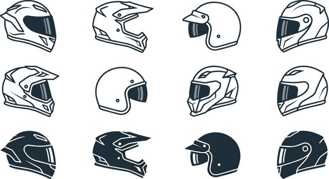 Motorcycle helmet line and glyph icon vector set featuring full face motocross modular and open face helmets for racing and biker apparel designs