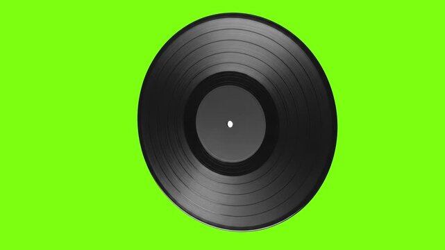 Vintage vinyl record spinning on green screen, retro black plastic disc rotating, analog music media for video production and motion graphics