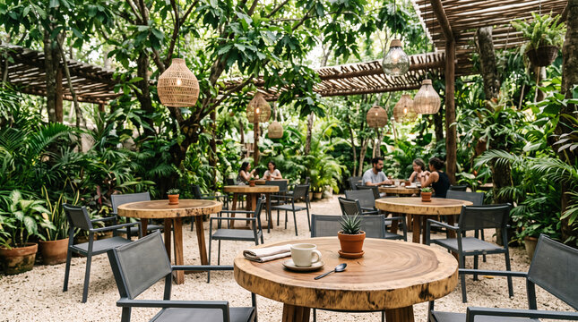 Restaurant tropical en plein air au c&oelig;ur d'un jardin luxuriant