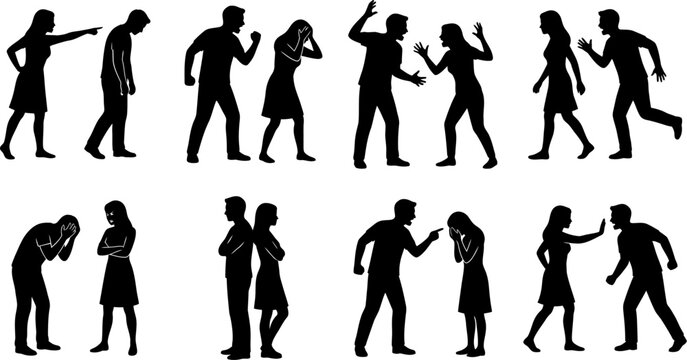 Diverse arguing couples shouting and fighting poses vector silhouette collection