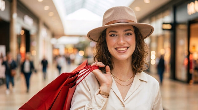Jeune femme souriante avec des sacs de shopping dans un centre commercial
