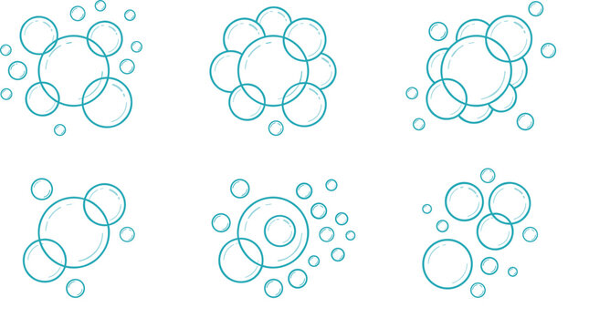 Blue soap bubbles line art icon set sketchy circle foam clusters isolated on white background vector