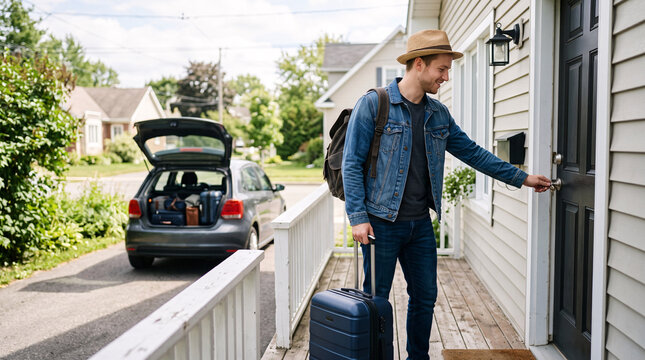 Voyageur arrivant devant une maison de vacances avec une valise