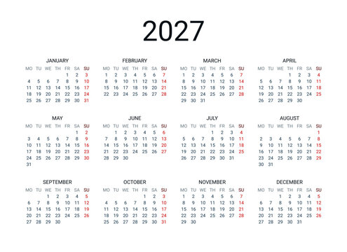 2027 year English calendar. Classical, minimalistic, simple design. White background. Vector Illustration. Week starts from Monday.