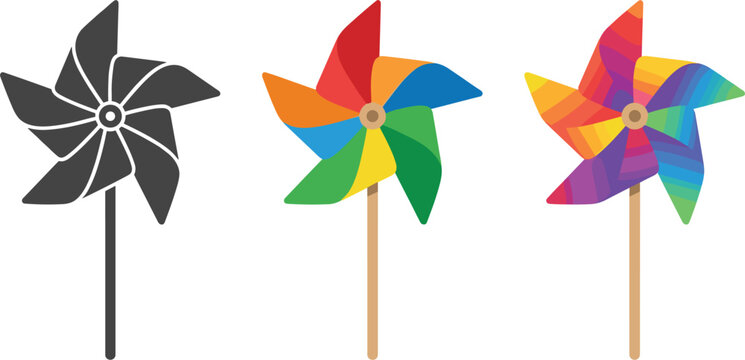 Colorful Toy Pinwheel Icon Set Featuring Black Silhouette Flat Design and Rainbow Gradient Origami Paper Windmill Symbols Vector