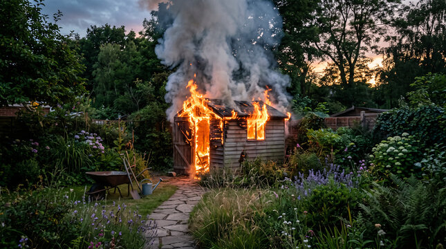 Abri de jardin en flammes au milieu d&rsquo;une v&eacute;g&eacute;tation dense