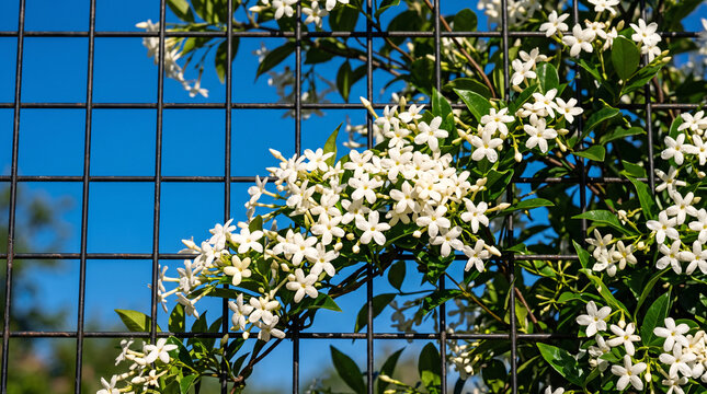 Jasmin &eacute;toil&eacute; en fleurs grimpant sur un treillis sous un ciel bleu