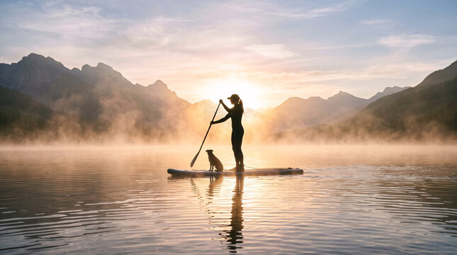 Personne pratiquant le paddle sur un lac au lever du soleil