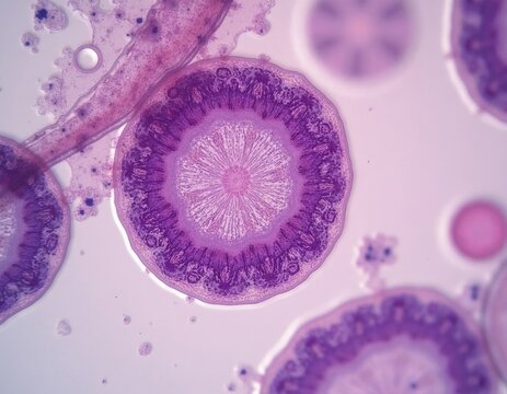 Microscopic view of mesothelial cells in body fluid sample. Purple cells show tissue structures and cellular detail. Medical science research image.