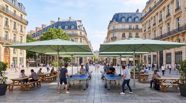 Tables de ping-pong install&eacute;es sur une place urbaine anim&eacute;e
