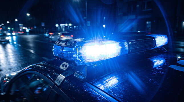 Gyrophare bleu de police allum&eacute; la nuit sous la pluie
