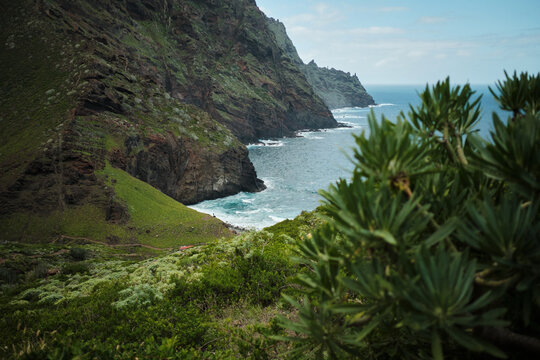 Dramatic coastal landscape featuring towering green cliffs plunging into the turquoise Atlantic. Rolling waves break on the shore below, surrounded by vibrant, wild vegetation under a bright sky.