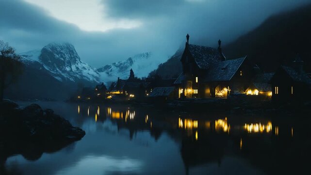 Scenic view of a viking village at dusk with warm lights reflecting in the calm lake water against a backdrop of majestic snow-capped mountains and foggy clouds
