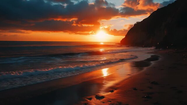 Beautiful view of a tranquil beach at sunset, where the golden sun sinks below the horizon, casting a warm glow on the calm sea and wet sand as gentle waves lap the shore
