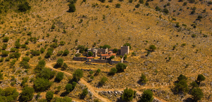 Aerial View of Historic Stone Monastery Hillside Near Kakome, Saranda, Albania