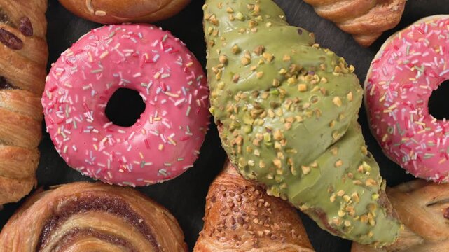 Top view close-up of an assortment of freshly baked sweet pastries, buttery croissants, colorful doughnuts, and a pistachio-filled croissant slowly rotating on a dark wooden background