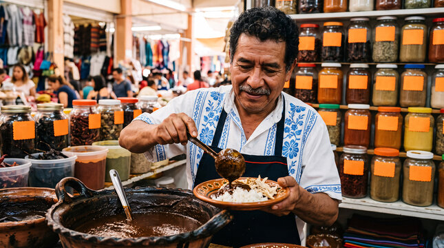 Marchand servant une sauce traditionnelle sur un march&eacute; couvert