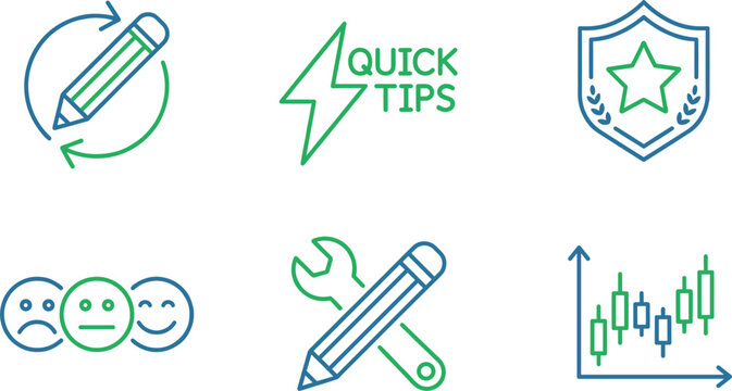 Business optimization and customer feedback line icon set vector illustration with pencil shield quick tips and financial chart
