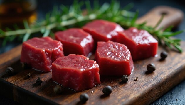 Raw red beef liver pieces rest on rustic wooden board. Fresh meat chunks wait for culinary preparation with rosemary herbs, black pepper grains. Uncooked organ offal protein ingredient sits ready for