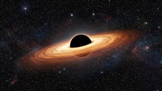Black hole, gravitational force warping spacetime, forming accretion disk surrounding event horizon, within cosmic galaxy, supermassive astrophysical phenomenon, collapsing mass.