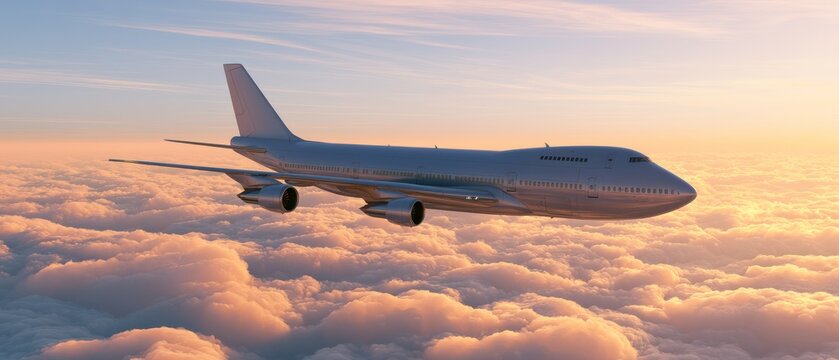Airplane flying above clouds during sunset with colorful sky in the background