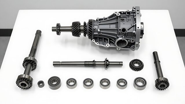 Disassembled transmission gearbox components organized in knolling layout on white table for automotive repair and engineering reference